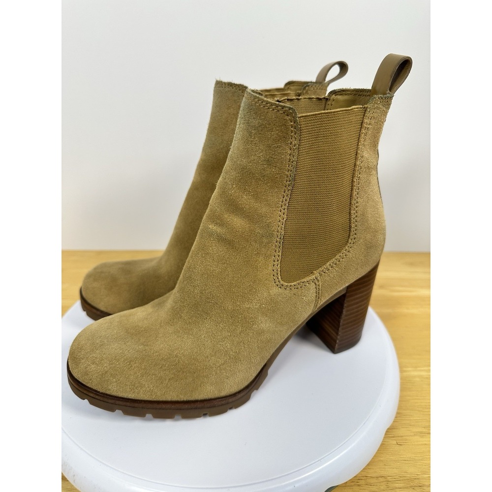 TORY BURCH STAFFORD Ankle Boot Size 6.5M Heeled Brown Suede Leather Dual Stretch